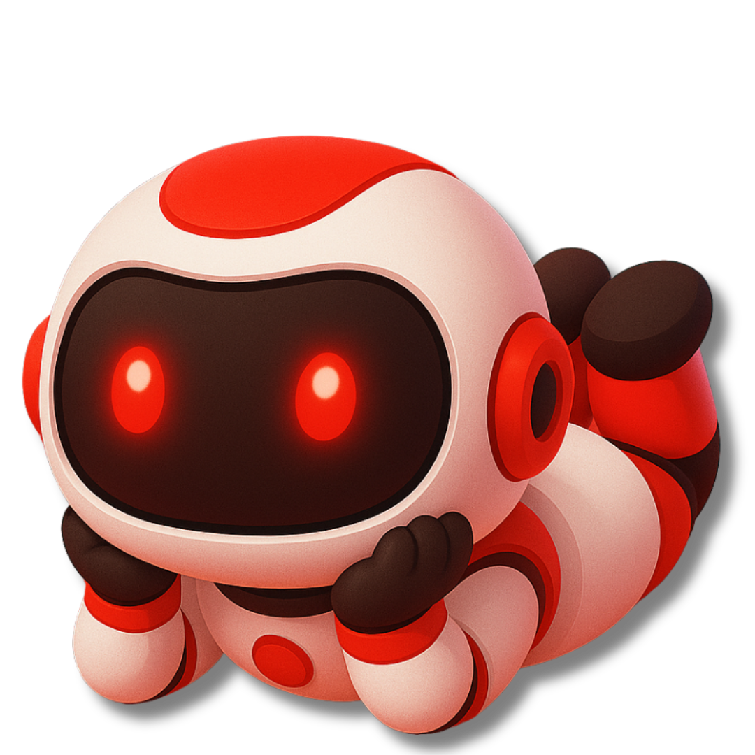 Red and white TechBru robot lying on stomach with glowing eyes and relaxed pose