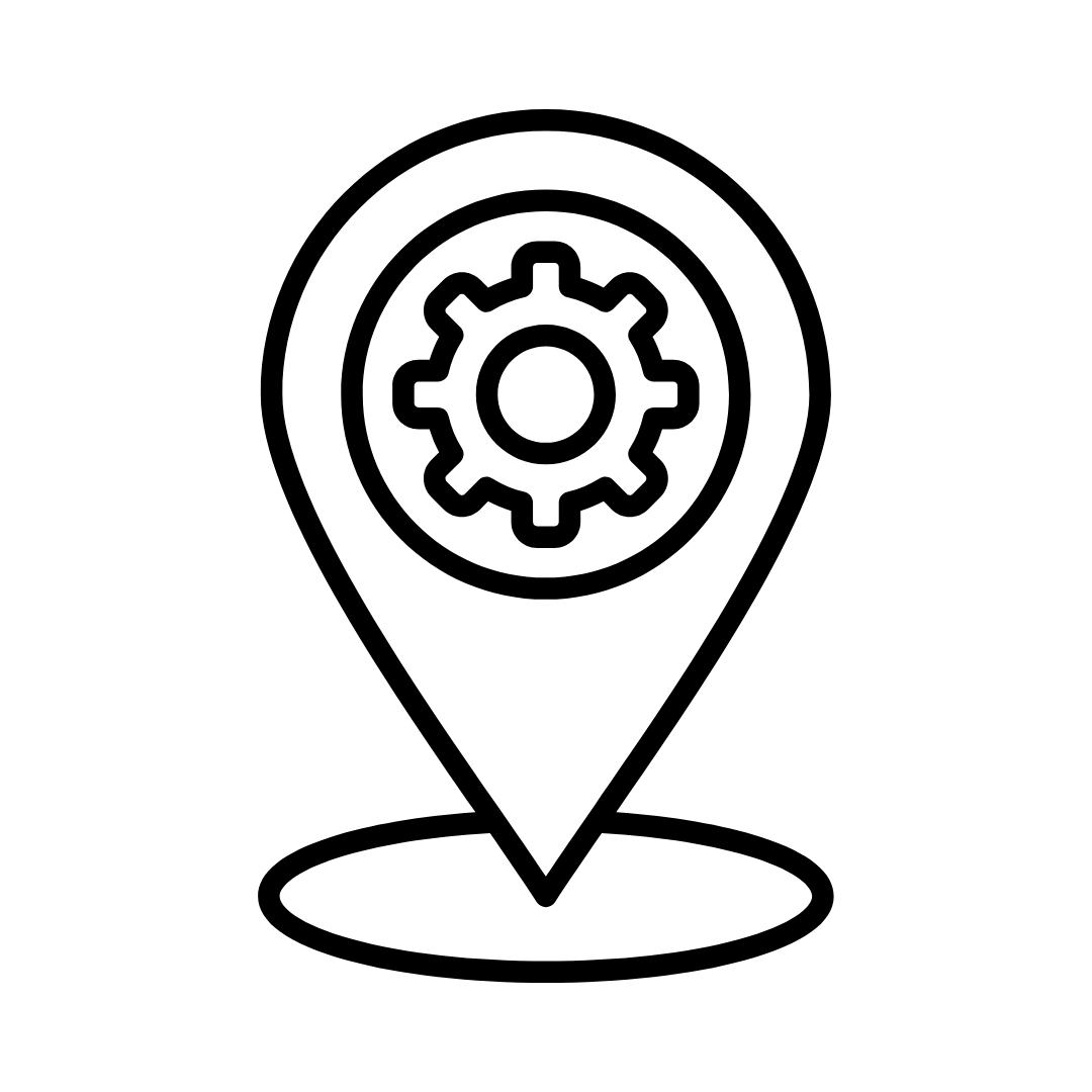 Map pin icon with gear symbol indicating onsite technical support at your location