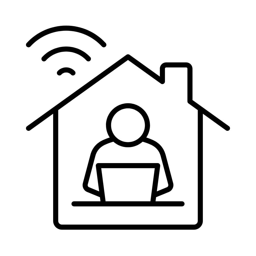 Icon of a person using a laptop inside a house with WiFi signal representing remote tech support<br />
