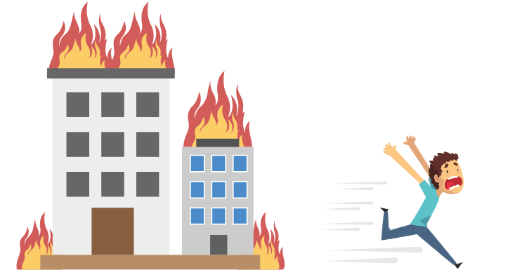 Cartoon of buildings on fire with a person running away in panic