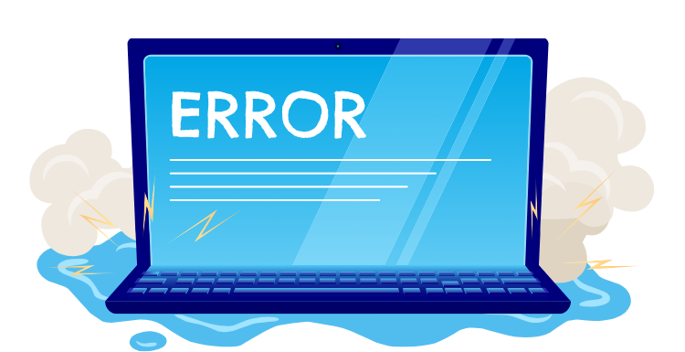Laptop with error message on screen, smoke and sparks symbolizing system failure