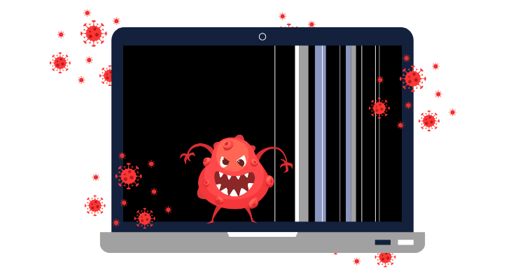Laptop screen with glitch lines and virus character, surrounded by malware icons