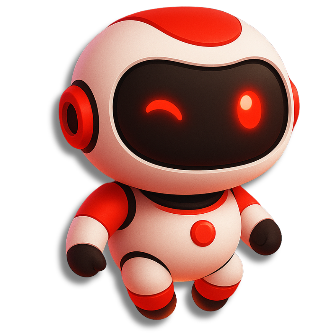 Cute red and white robot mascot winking with glowing eyes and rounded features