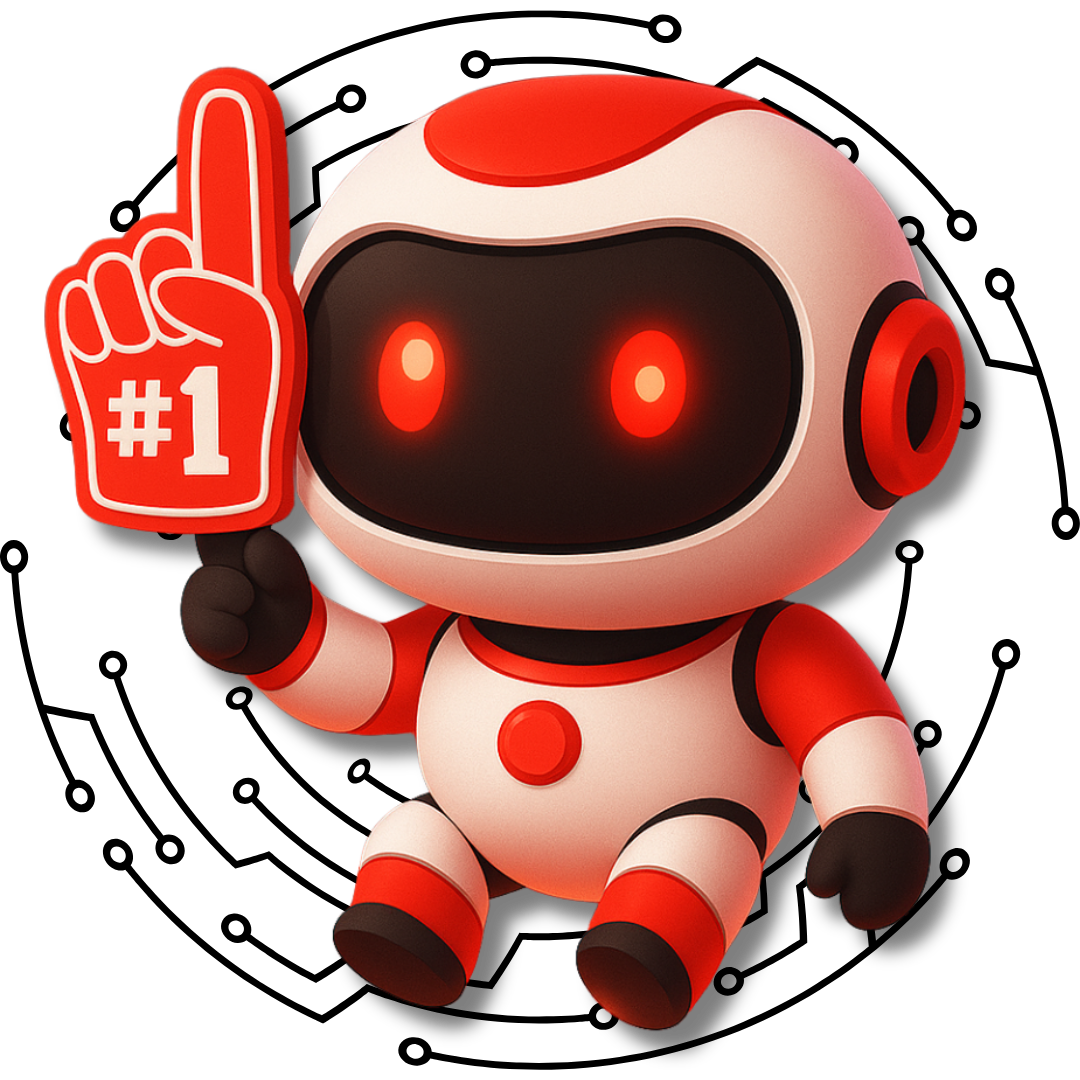 TechBru red and white robot mascot holding a #1 foam finger with circuit design background
