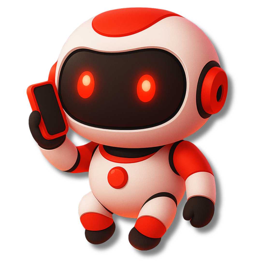 TechBru red robot mascot holding a phone, ready to assist with IT or website support